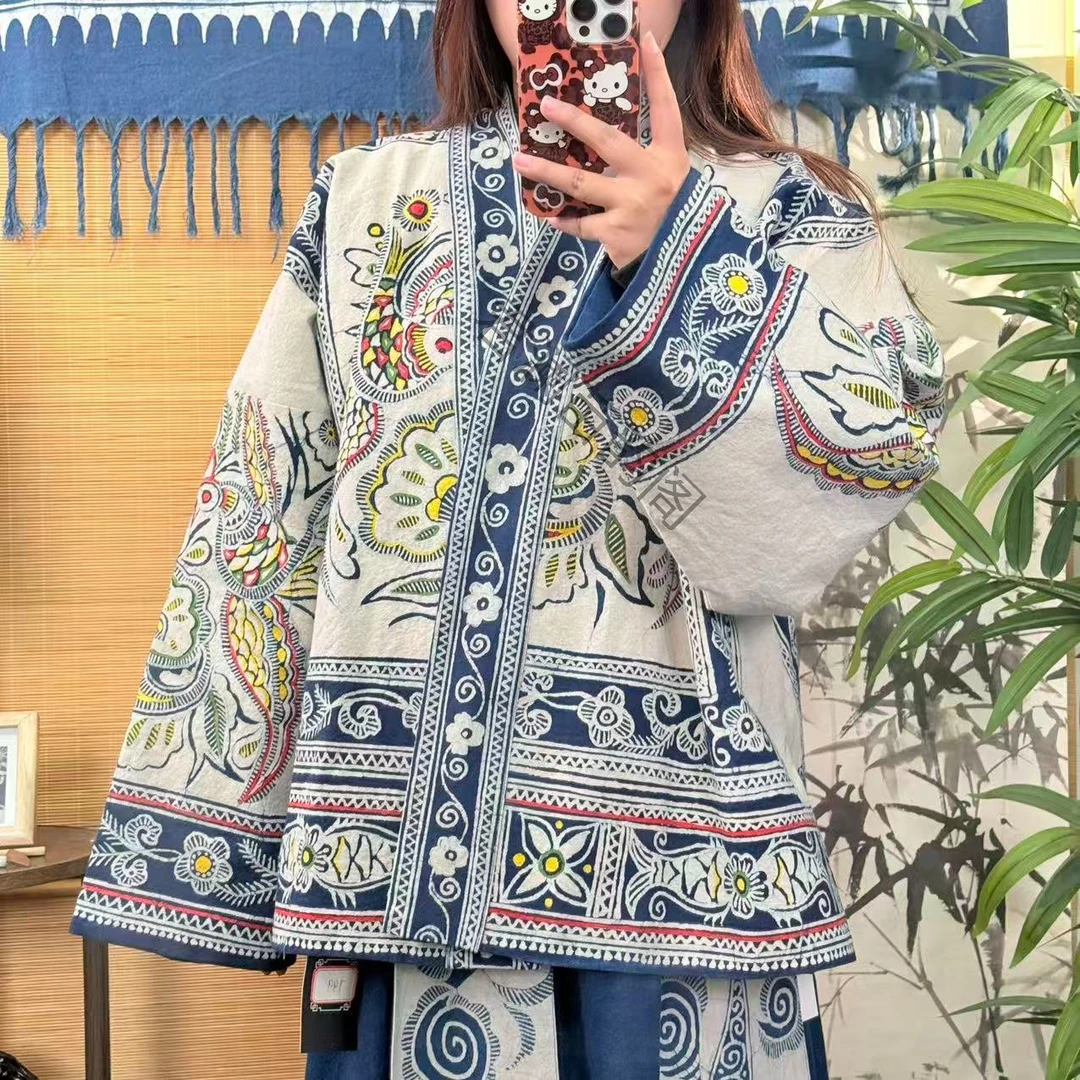 【非遗手工服饰】民族风宽松秋季外套反绘彩蜡复古纯棉土布上衣
