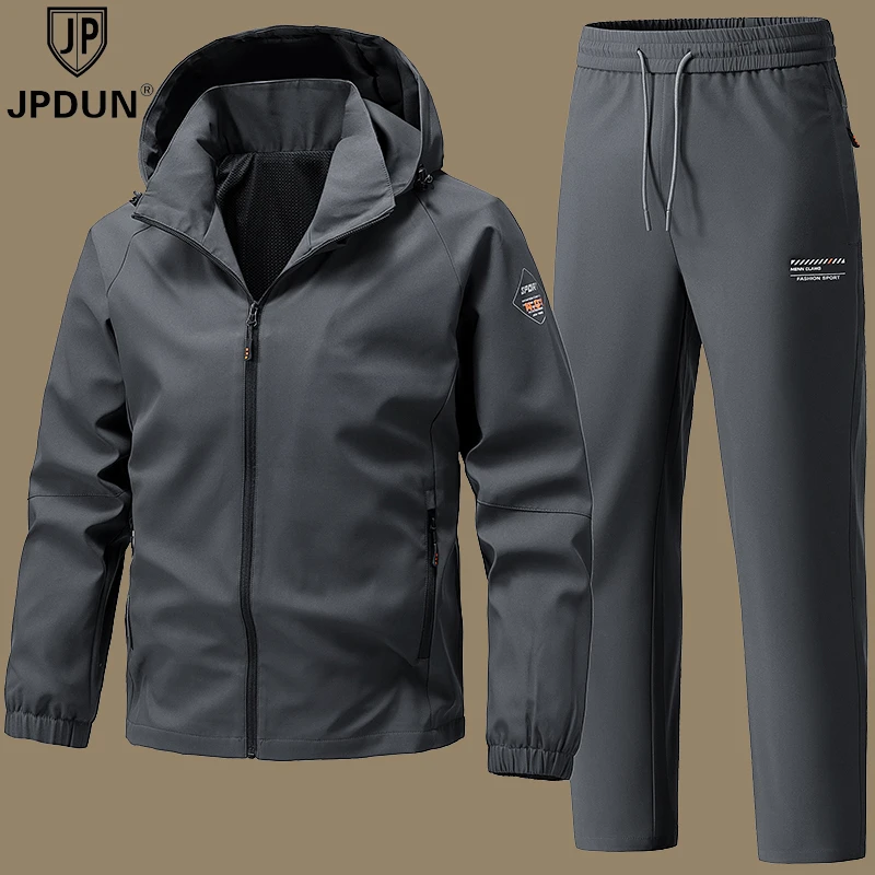 JPDUN男士春季新款休闲运动套装可拆卸帽夹克外套直筒长裤两件套