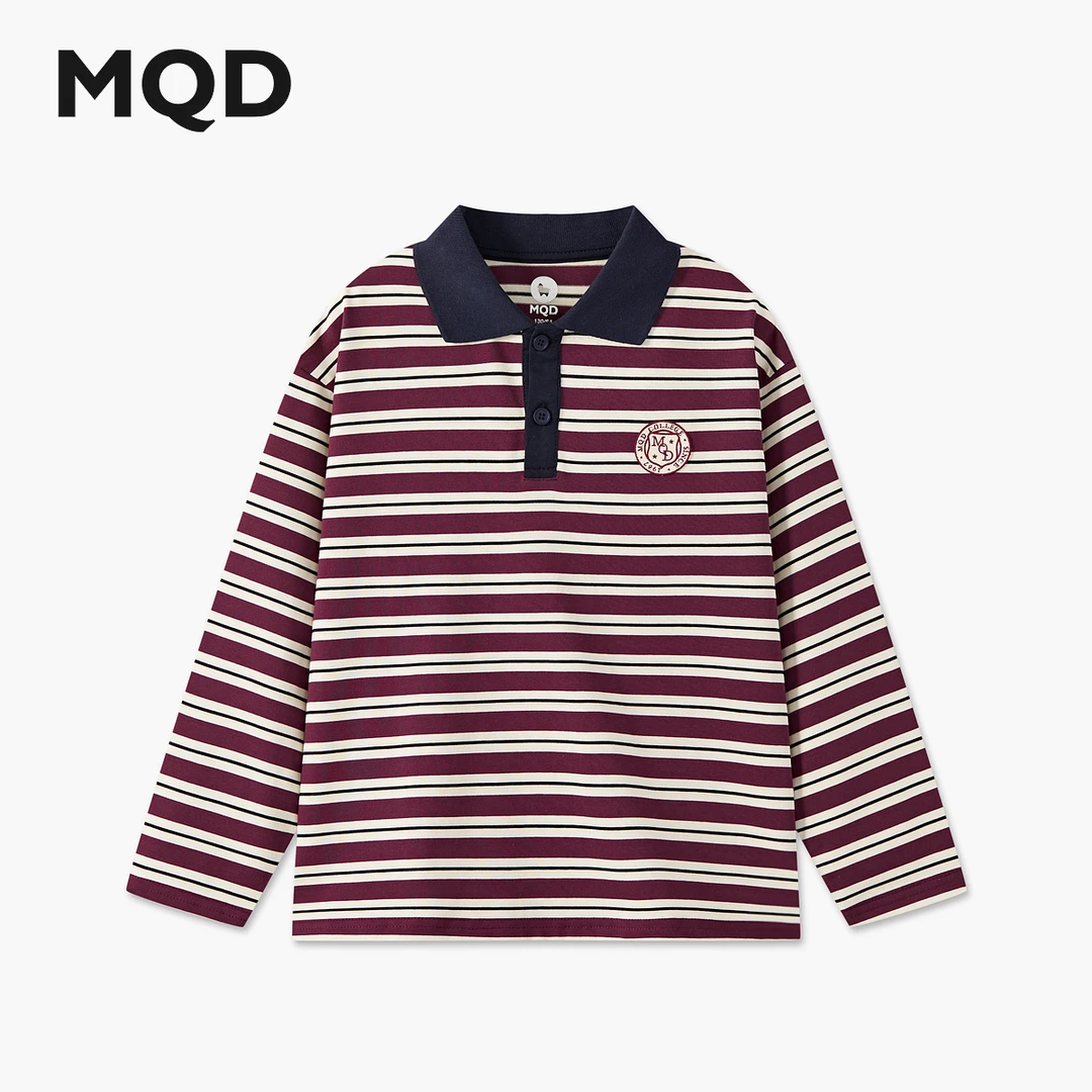 MQD男童25秋新款宽松学院风翻领长袖T恤条纹百搭POLO衫9653W0413