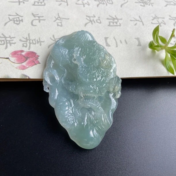 纯天然缅甸翡翠《龙牌》雕刻龙凤呈祥精雕仿古精美