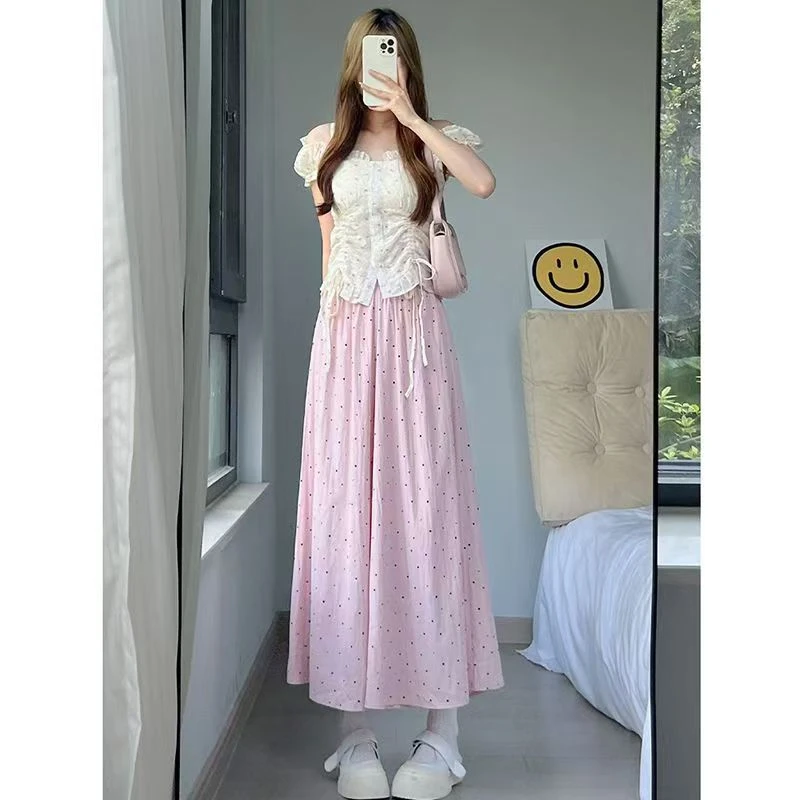 夏季宽松波点高腰半身裙阔腿裤