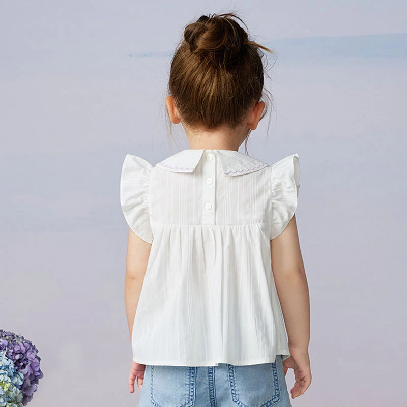 【白桃软糖】韩版纯棉洋气小飞袖女童衬衫刺绣翻领儿童白色小衫