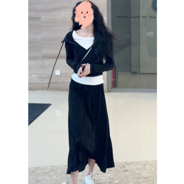 2025春季新款韩版时尚撞色收腰连帽卫衣高腰显瘦半身裙休闲套装女