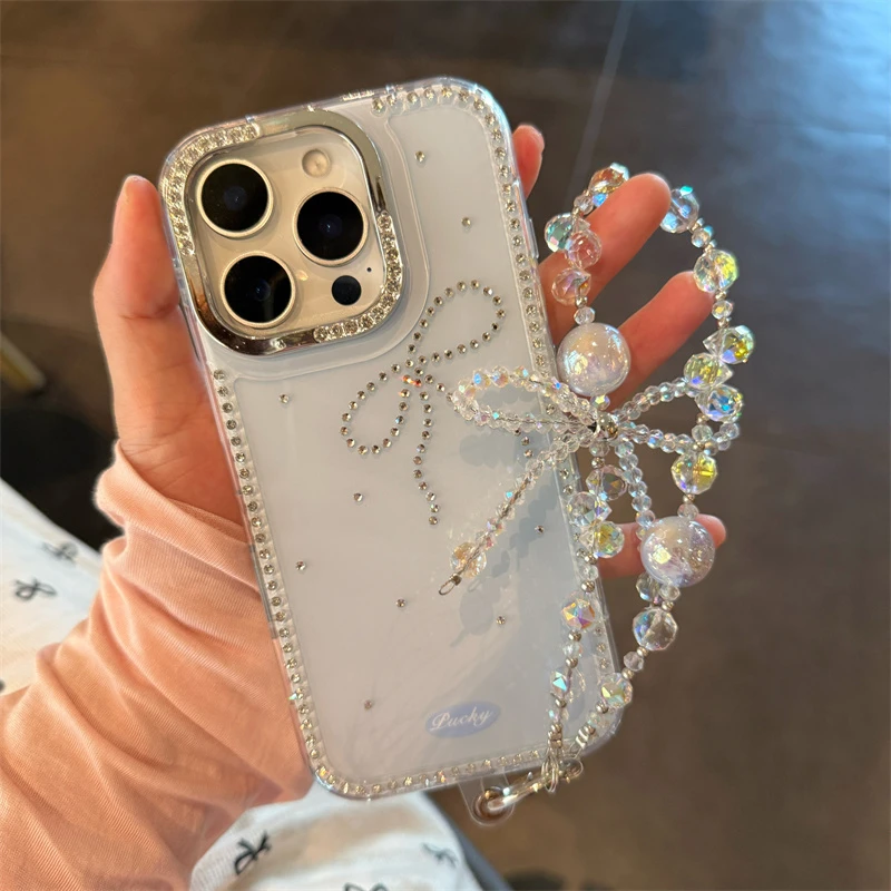 日韩闪钻少女粉蓝蝴蝶结适用iPhone16promax苹果15手机壳14链条13