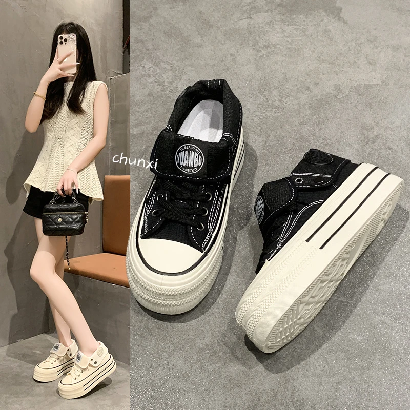 黑色高帮厚底帆布鞋女2025春秋季新款爆款小白鞋女高街板鞋ins潮