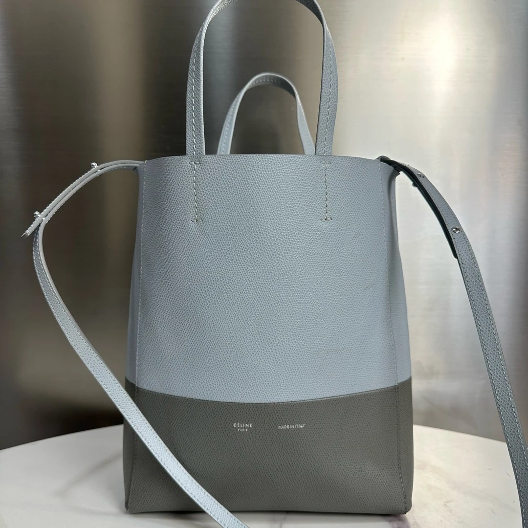 95新 Celine/思琳 cabas中号冰川蓝拼灰色水桶包手提单肩12928170
