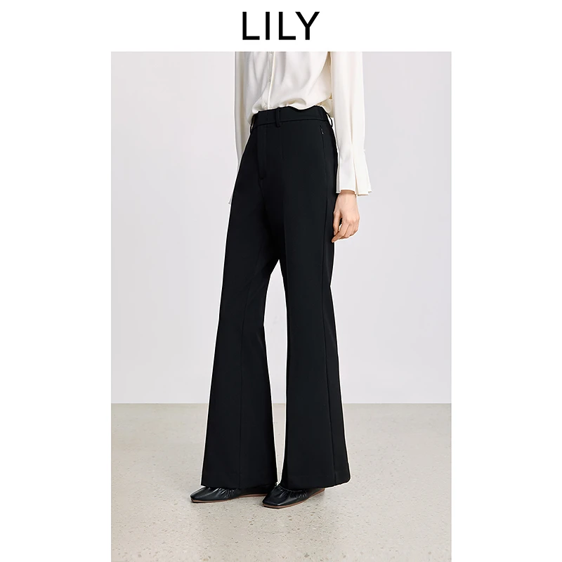LILY2025冬新款女装窄版休闲弹力加绒黑色微喇裤西裤125419C5917
