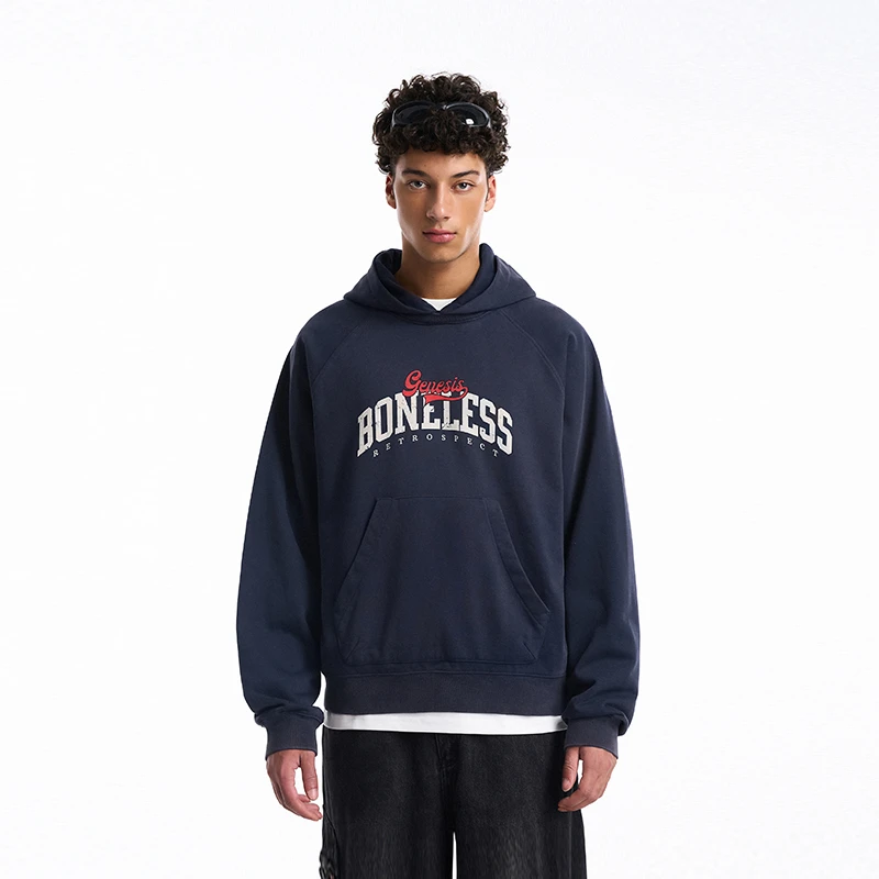 BONELESS层次领口做旧连帽卫衣斑驳印花宽松重磅帽衫秋假两件上衣