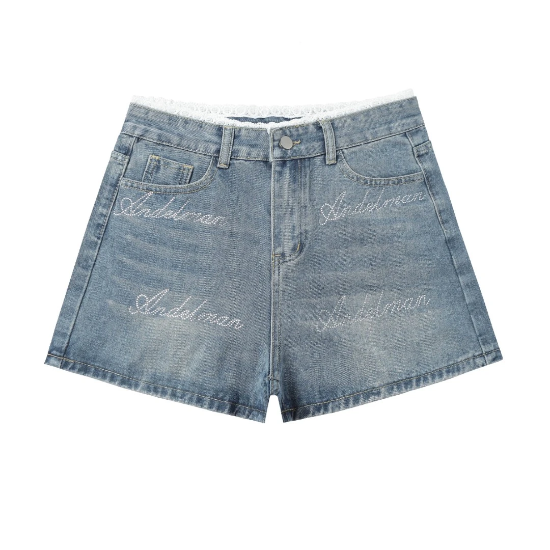 「将军工厂店」牛仔短裤女细闪烫钻宽松显瘦百搭韩版高腰蕾丝花边裤