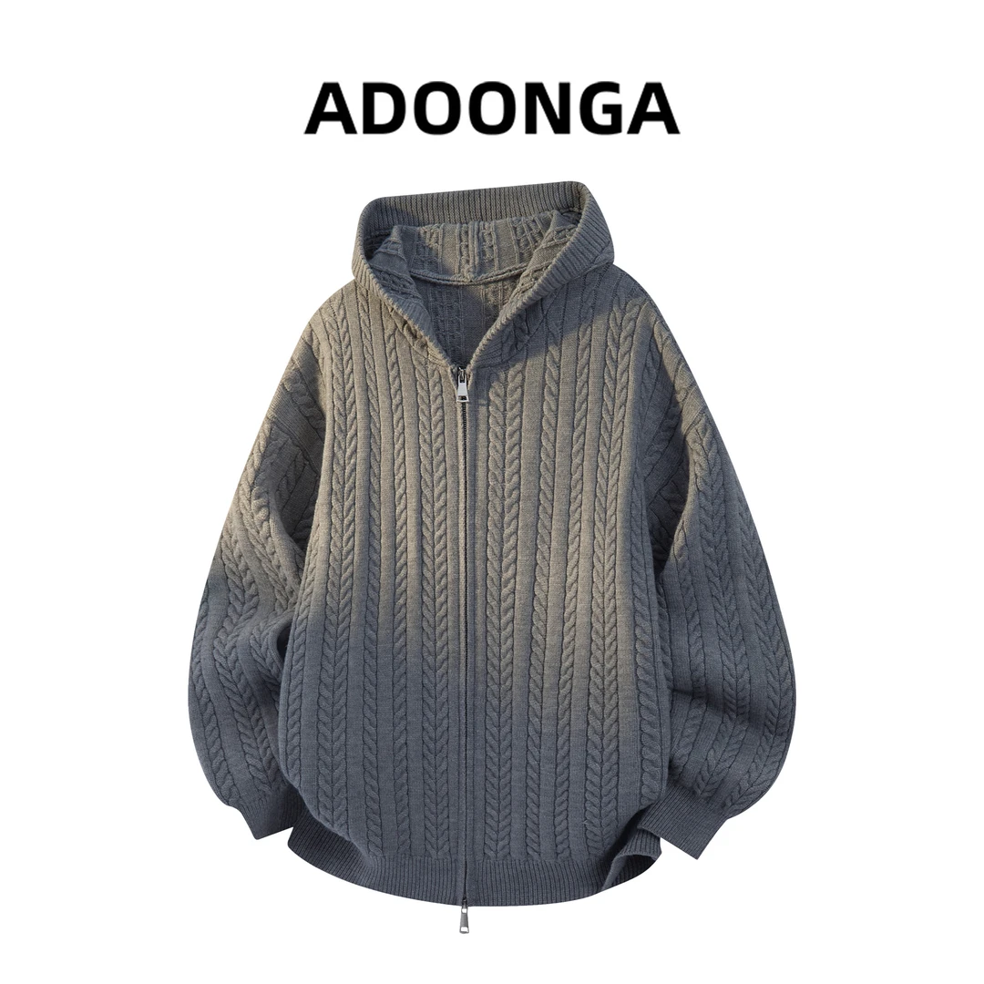 ADOONGA秋季新款肌理感麦穗纹开衫连帽毛衣男女情侣宽松休闲外套