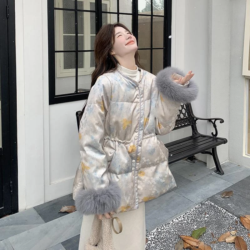 新中式扎染印花羽绒服女冬季新款国风小个子名媛白鸭绒保暖外套潮