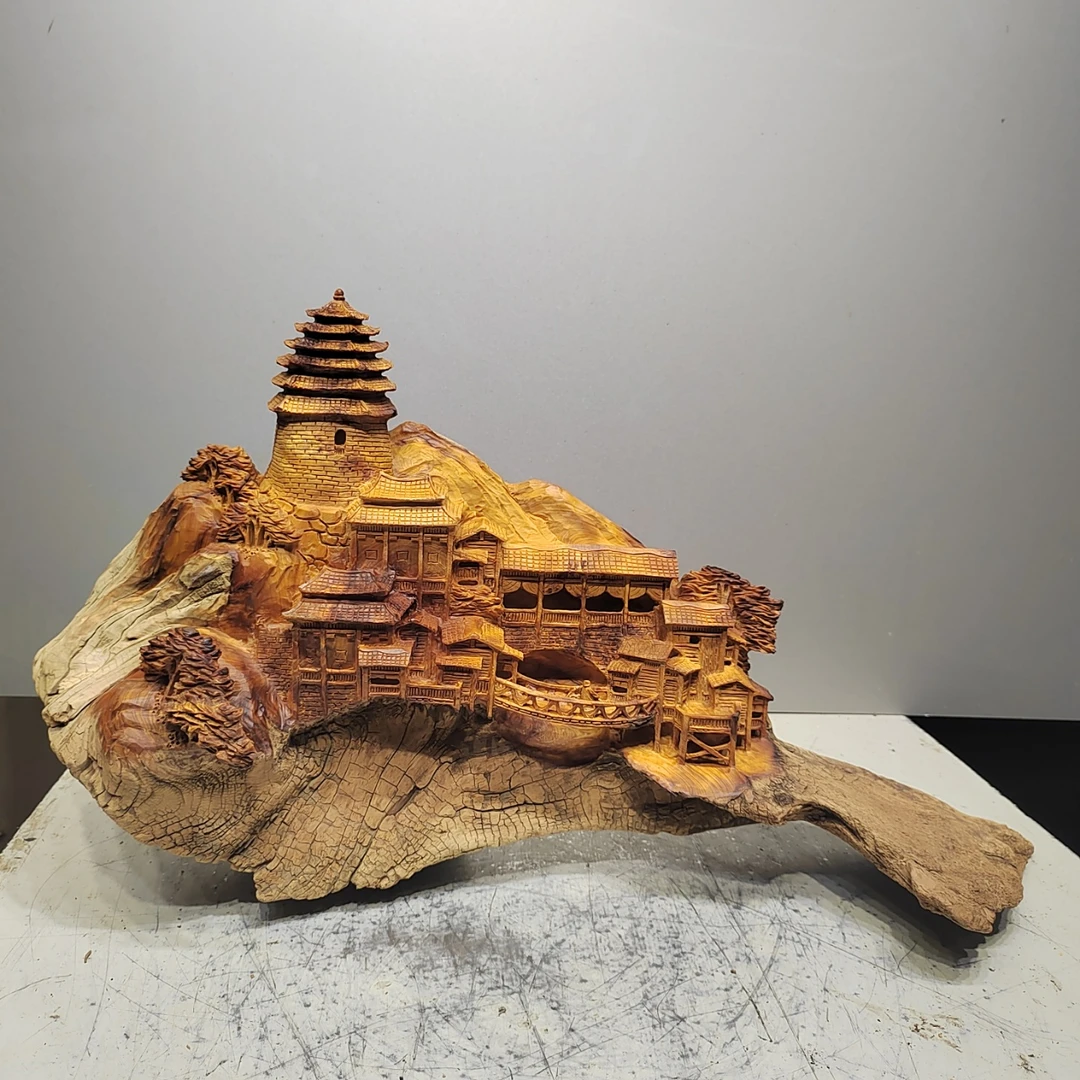 塔影 人家，北太行易县料根雕摆件，高油高密纯手工雕刻匠心之作