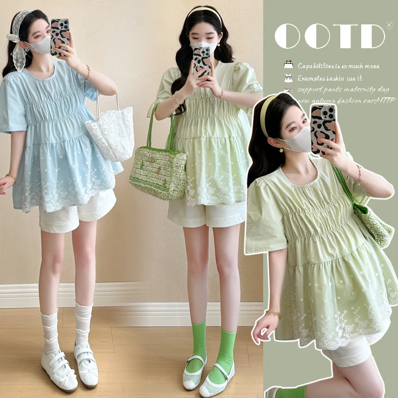 2025孕妇法式多巴胺甜美蕾丝拼接娃娃衫上衣夏天减龄+牛仔短裤