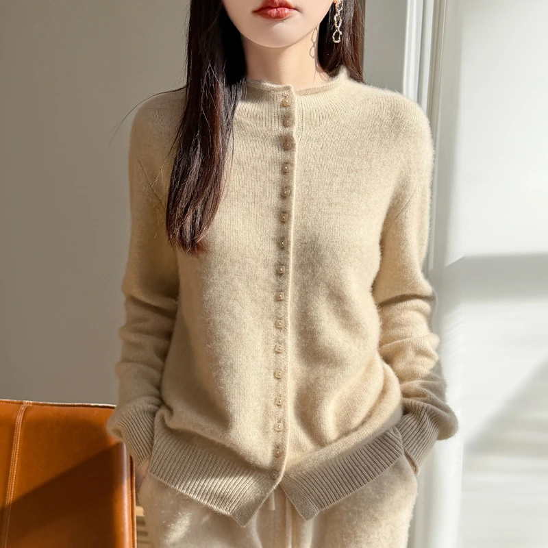 卷边半高领100%纯羊毛开衫女单排扣针织毛衣宽松显瘦内搭羊毛外套