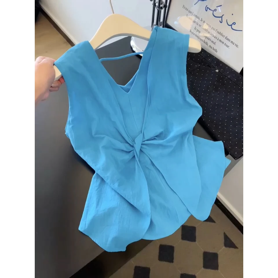 蓝色v领坎肩吊带背心女夏外穿多巴胺无袖扭结上衣高级感2025新款