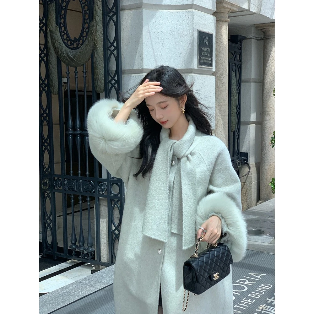 DayeeFur【半岛弥香】定制围巾款双面羊毛大衣狐狸毛袖口毛呢外套