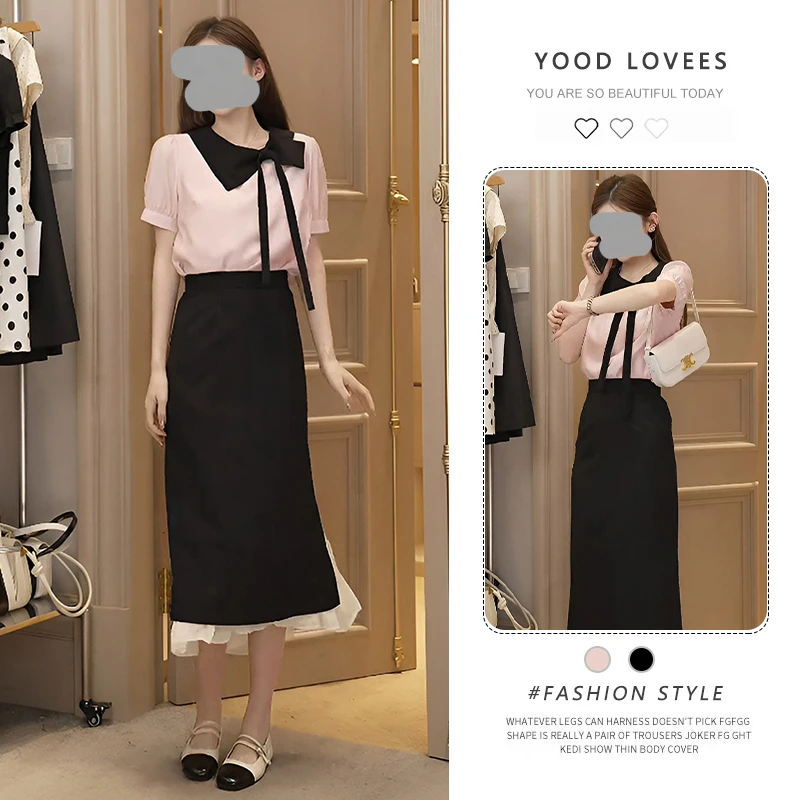 法式甜美减龄套装蝴蝶结短袖衬衫高腰A字包臀长裙2025夏季新款潮