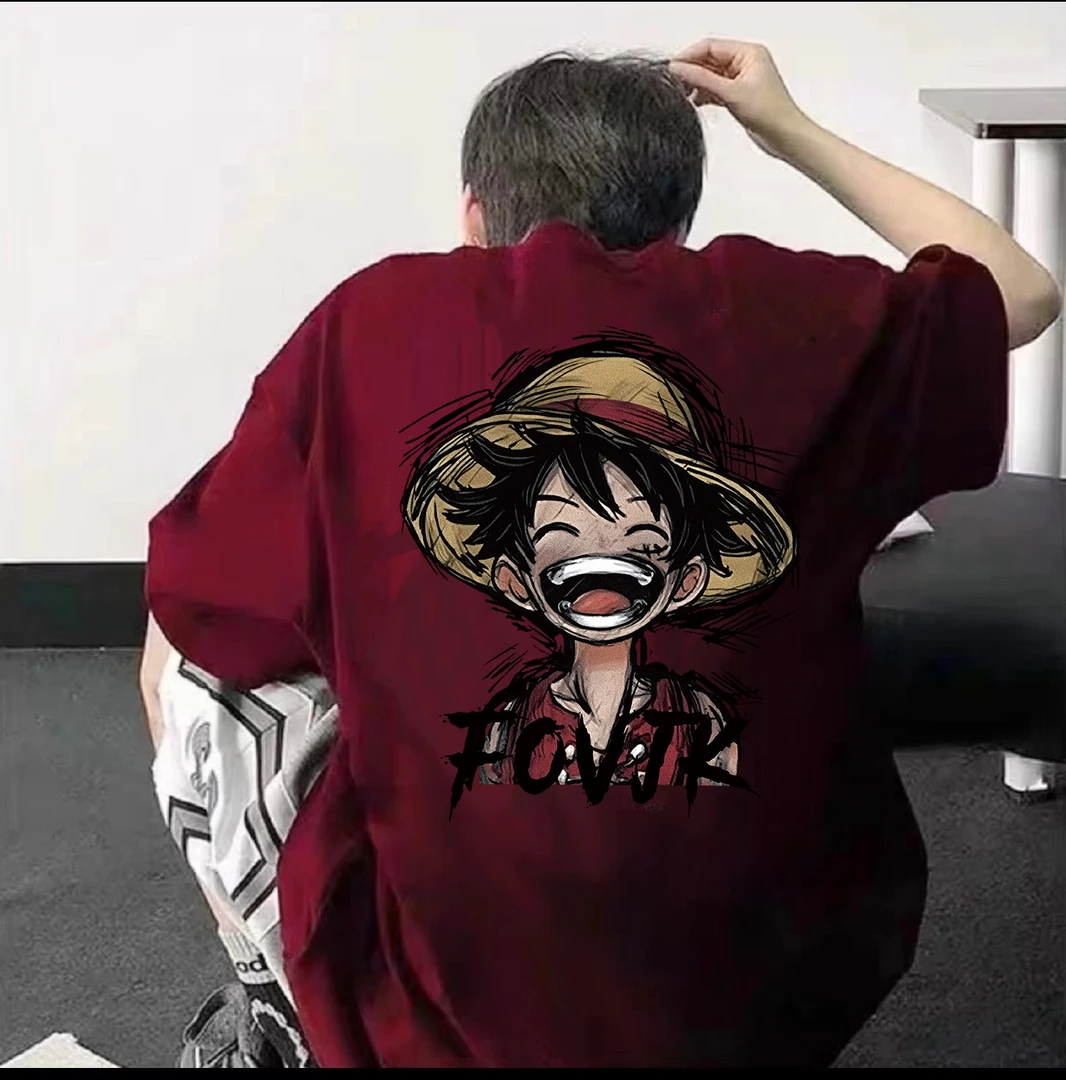 100%重磅纯棉短袖T恤新款涂鸦路飞印花潮流男女同款宽松夏季上衣