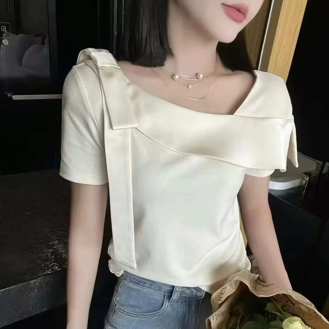 美美推荐5188嘉福利市夏款一字肩蝴蝶结飘带短袖T恤