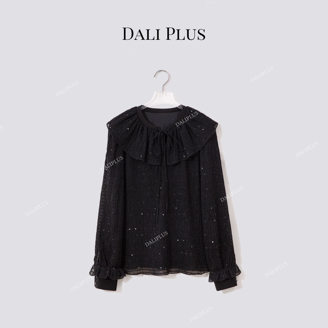 DALI PLUS“披肩斗篷亮闪衬衫”木耳花边长袖衬衫-D5ST1346