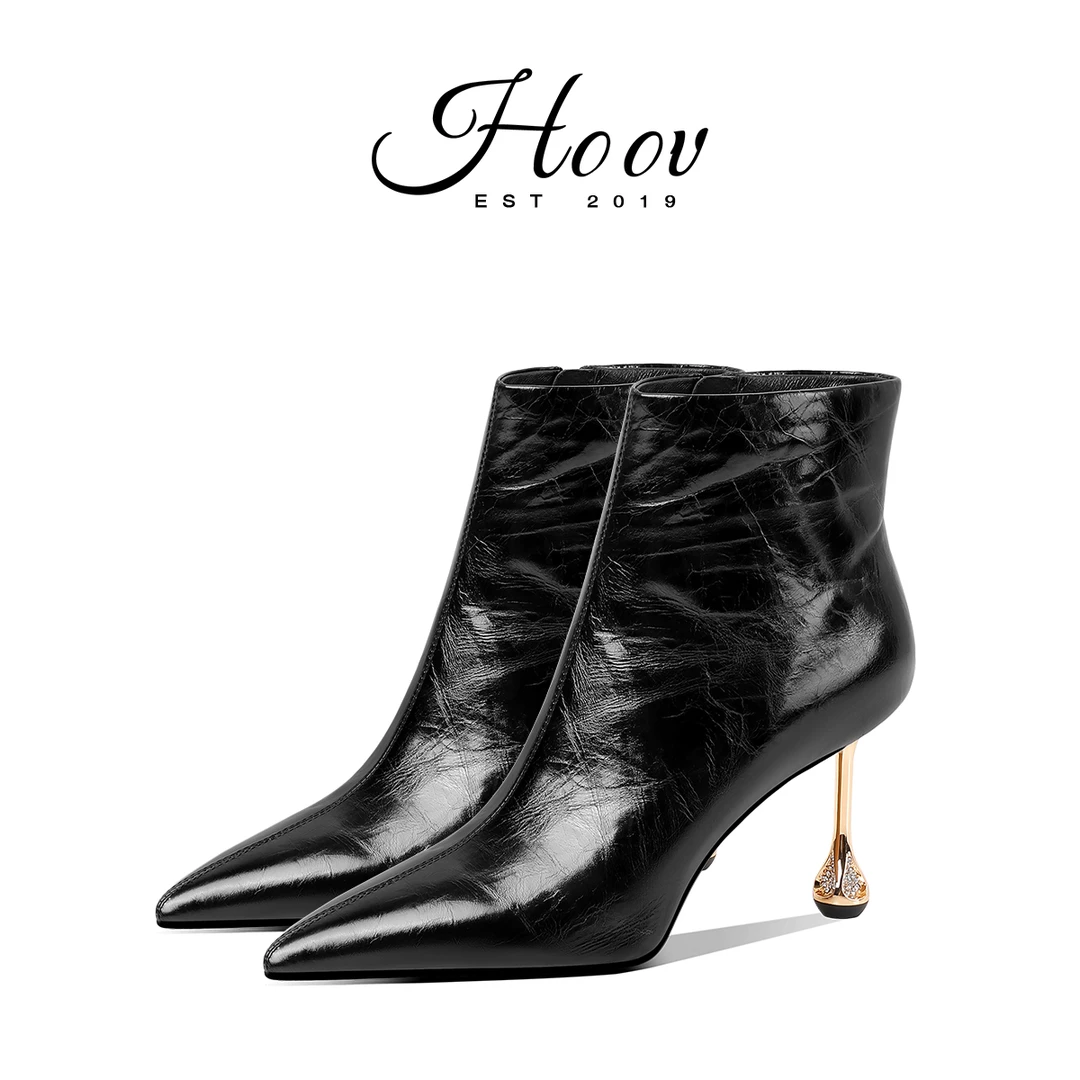 HOOV A/W设计师原创手抓纹胎牛皮高跟短靴女2025新款尖头时装靴子