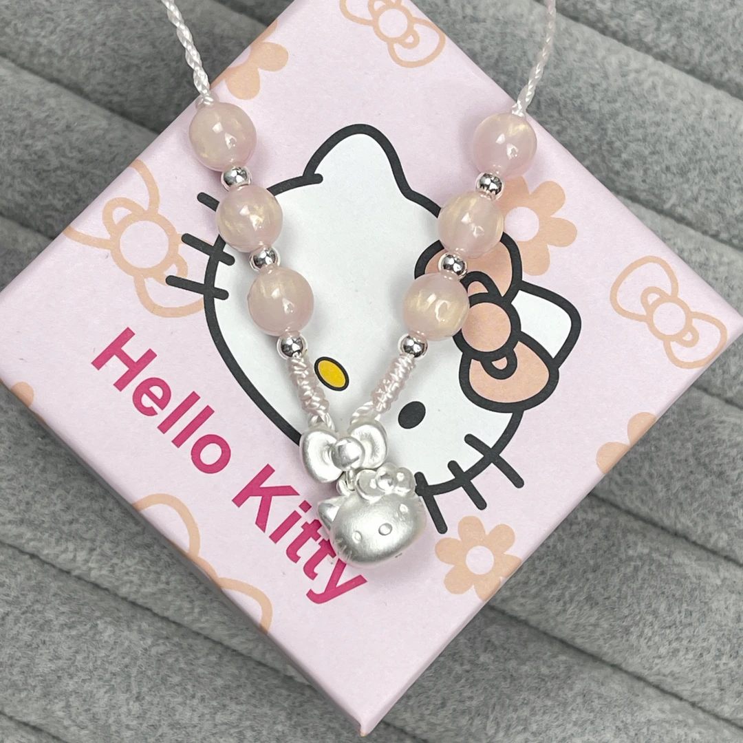 吊坠足银 999足银凯蒂猫蝴蝶结吊坠项链儿童可爱少女心甜美自制