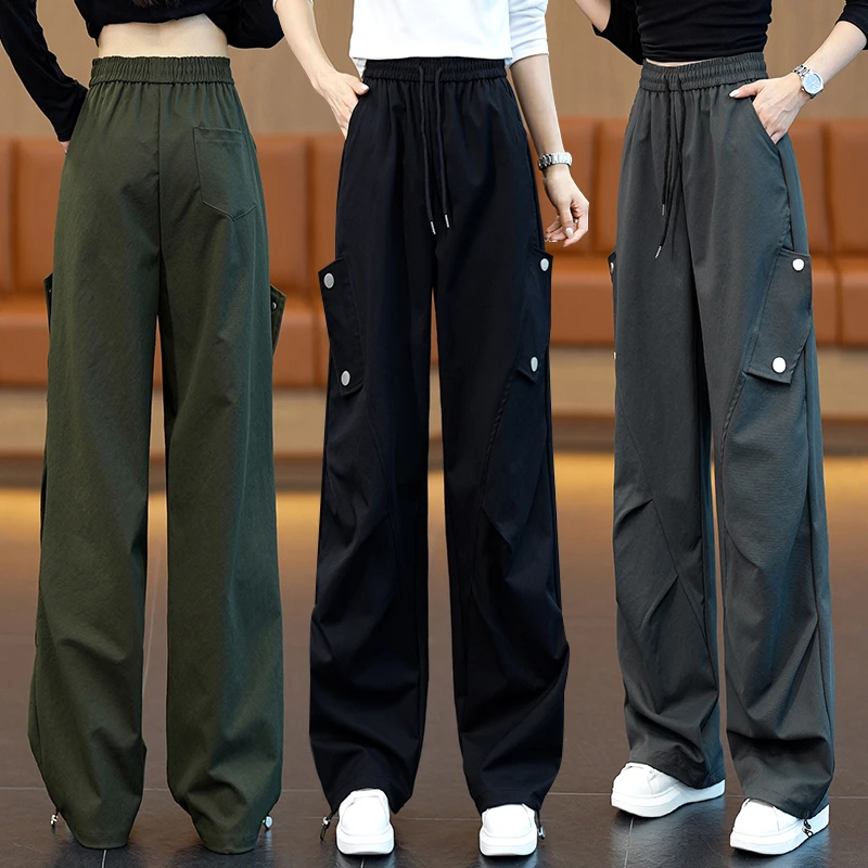 春秋季工装裤女款大码高腰宽松显瘦百搭直筒裤时尚松紧腰休闲裤