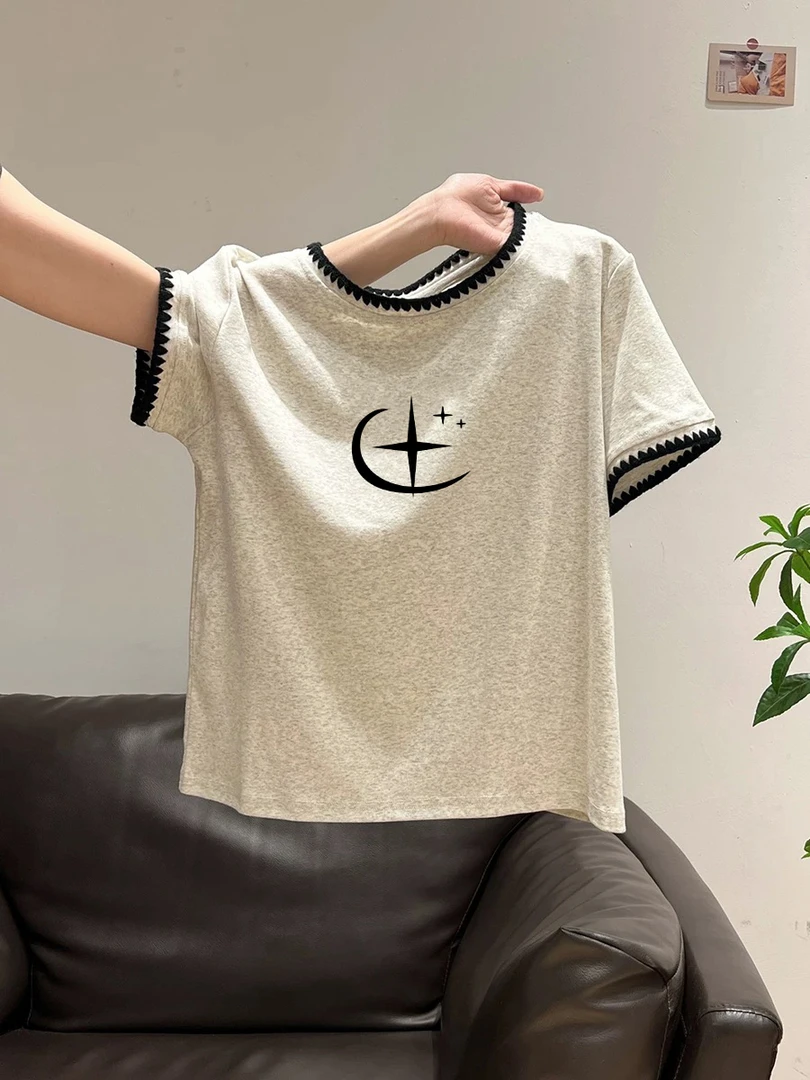 2025夏季花灰色字母印花拼接圆领短袖T恤女新款百搭宽松显瘦上衣