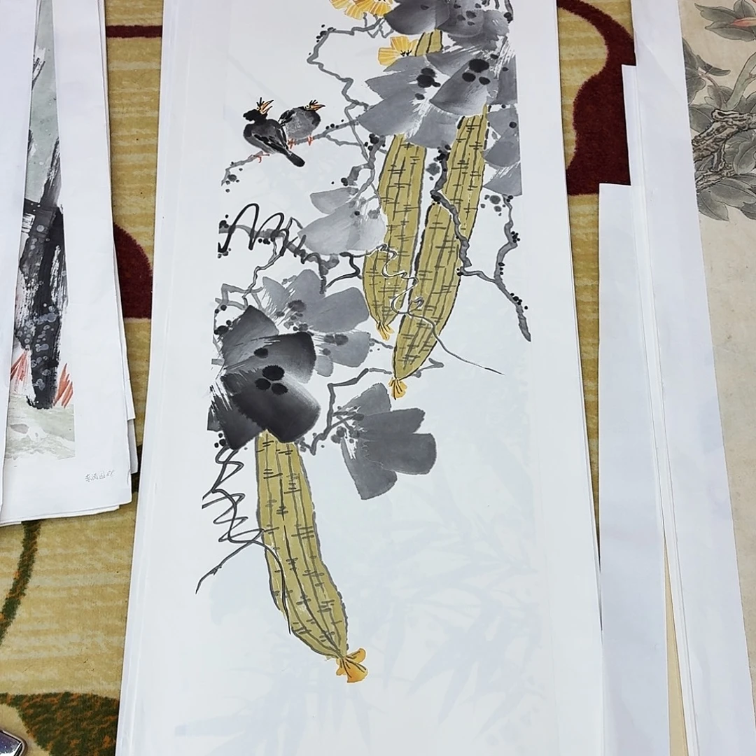 国画四尺对开花鸟