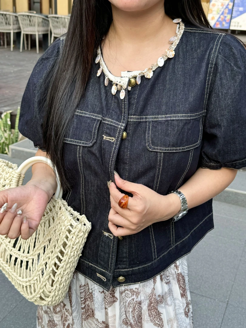 【惠惠专属】8220高端夏新款高级感钉珠刺绣泡泡袖短袖牛仔外套女