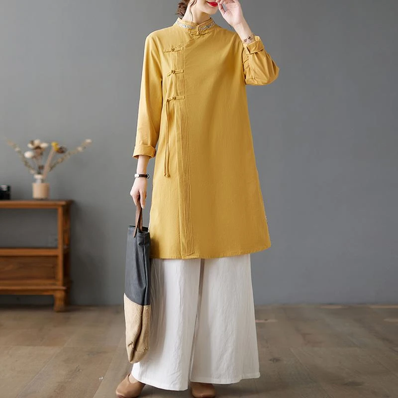 茶服女禅意文艺中国风复古盘扣棉麻旗袍式上衣秋季唐装套装两件套
