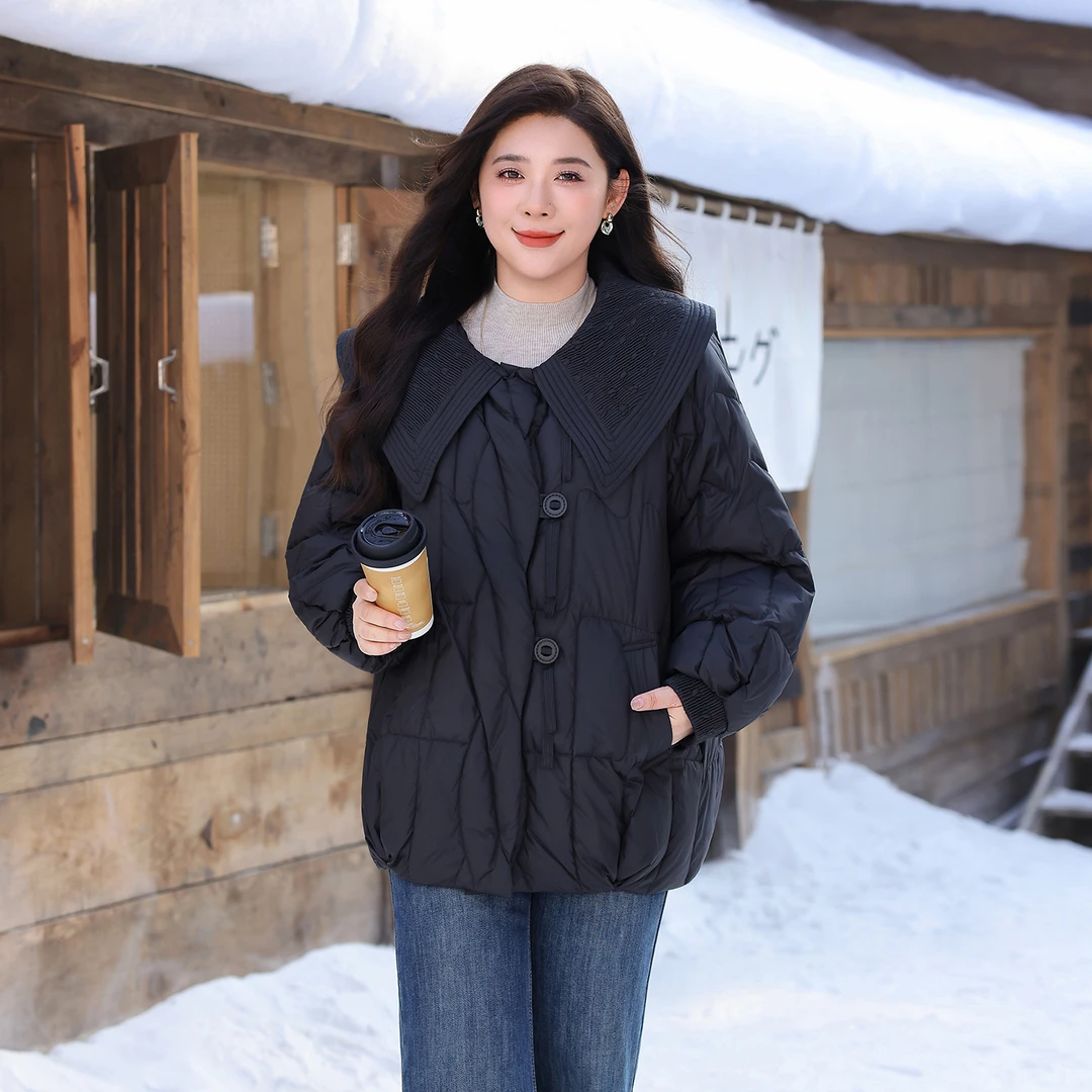 大码女装翻领羽绒服短款外套冬季胖mm加厚保暖衣白鸭绒面包服
