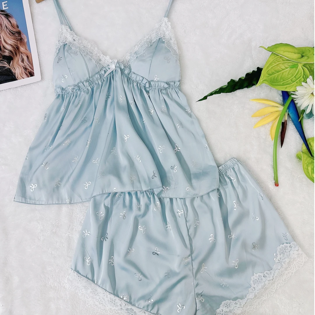 吊带短裤睡衣女夏季冰丝绸两件套装性感蕾丝聚拢带胸垫甜美家居服