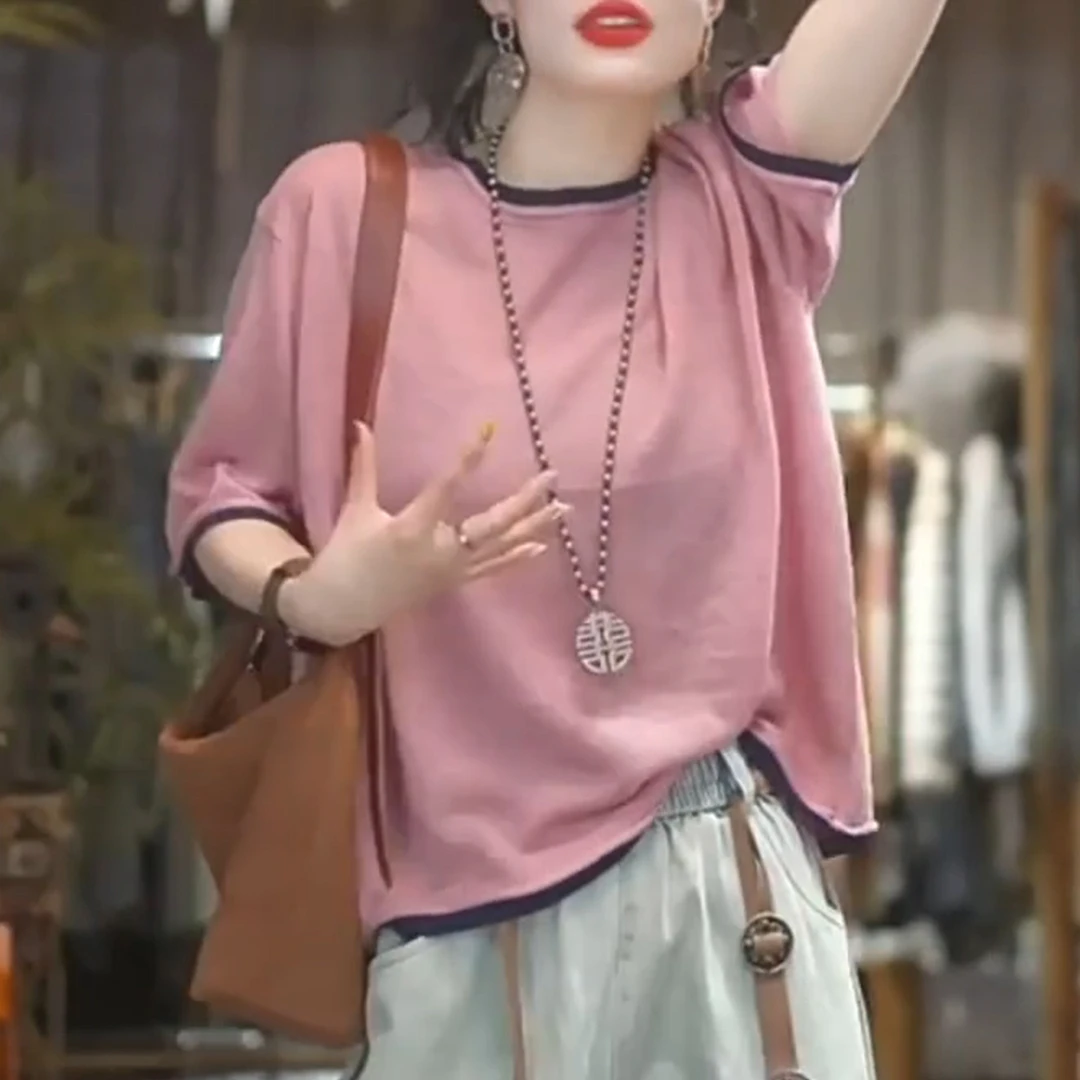 小众减龄宽松遮肉上衣夏季薄款胖MM大码女装复古撞色圆领短袖T恤