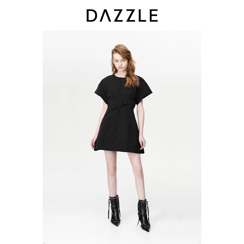 DAZZLE地素奥莱黑色连衣裙宽松腰带A字卷边袖小黑裙女2H2O408