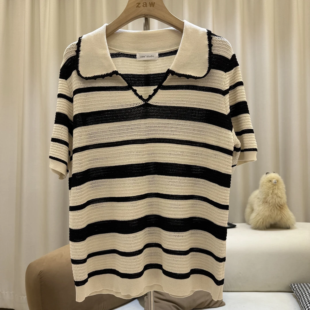 zaw大码娃娃领条纹针织衫女2025新款短袖上衣胖mm洋气遮肉/25168