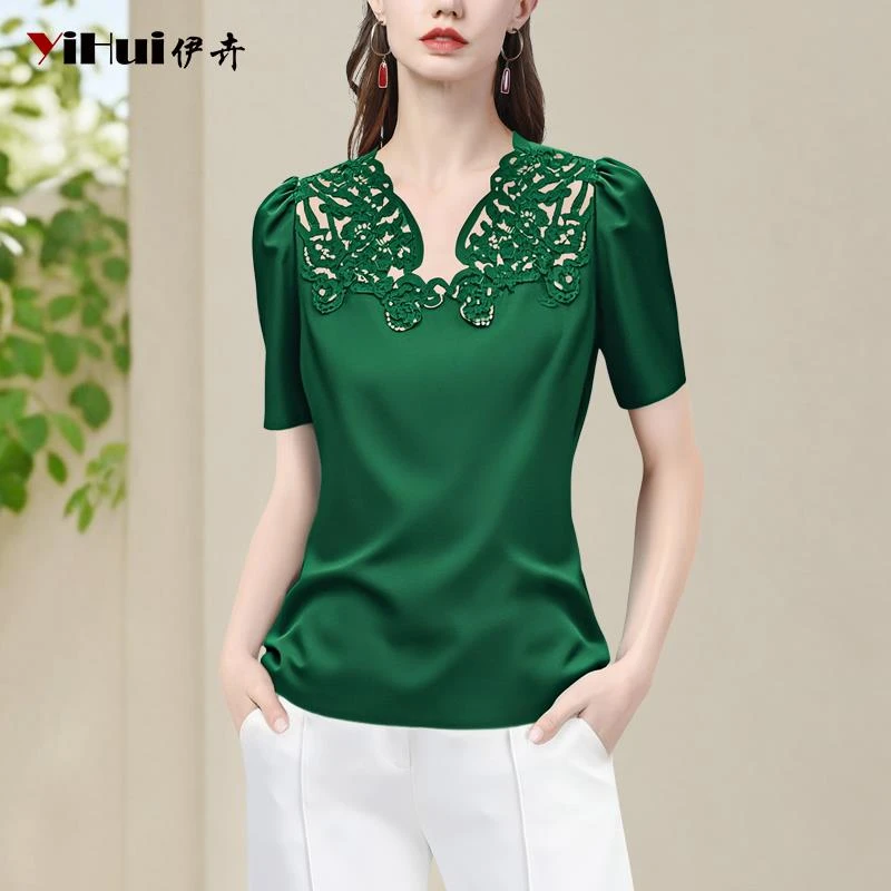 YIHUI伊卉T恤衫女短袖上衣热切绣花镂空小衫设计感小众SD256057