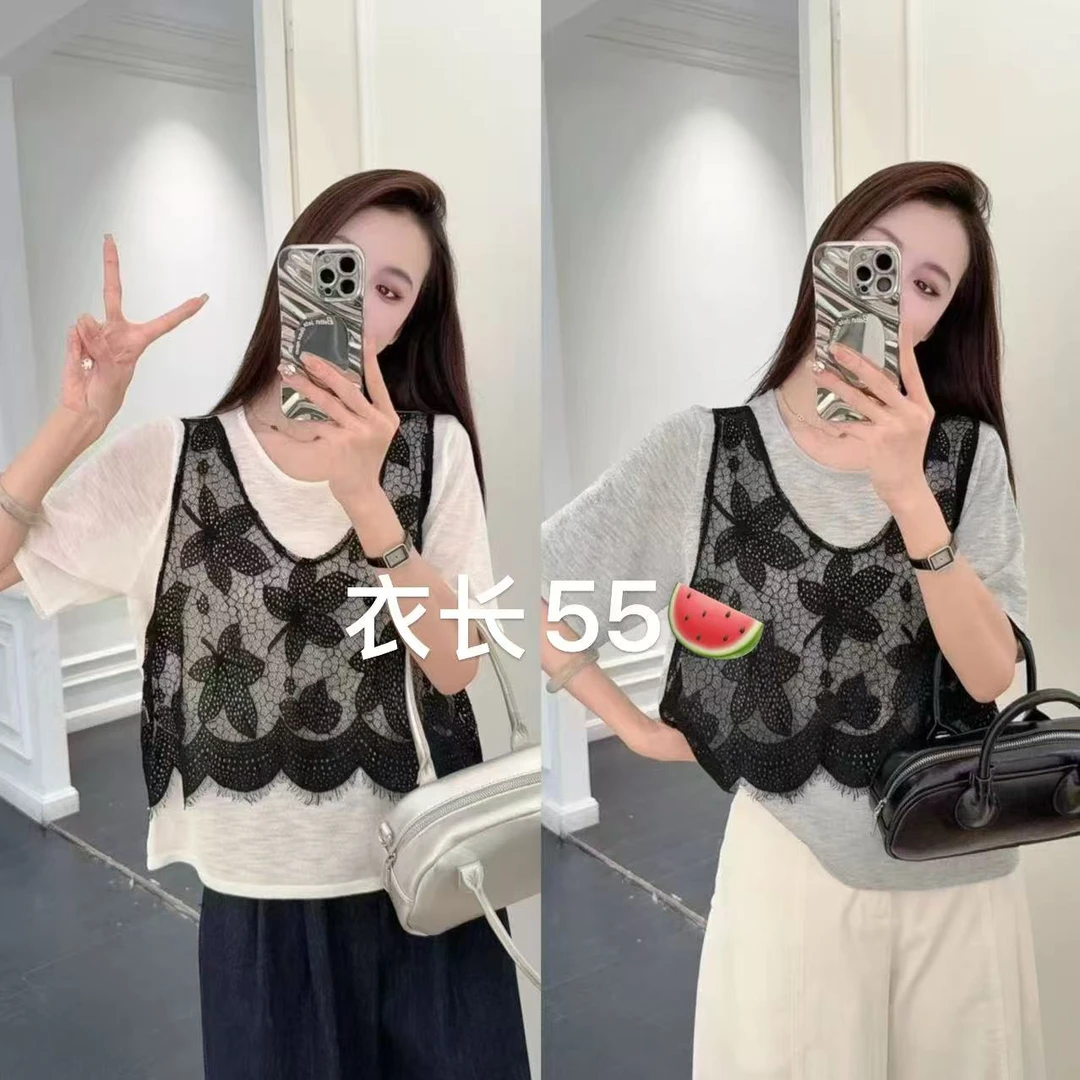 【艳子】1209小个子拼接蕾丝~假两件圆领短袖