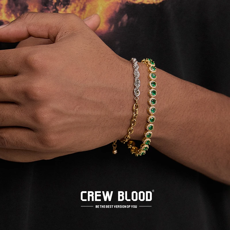 铜合金合成锆石手链 CREW欧美复古麻花绿色网球金手链男气质小众