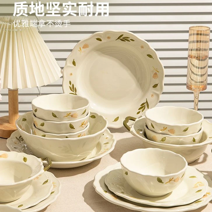 陶瓷釉下彩桔梗鱼盘餐具饭碗家用2025新款饭碗具日式菜盘子双耳碗