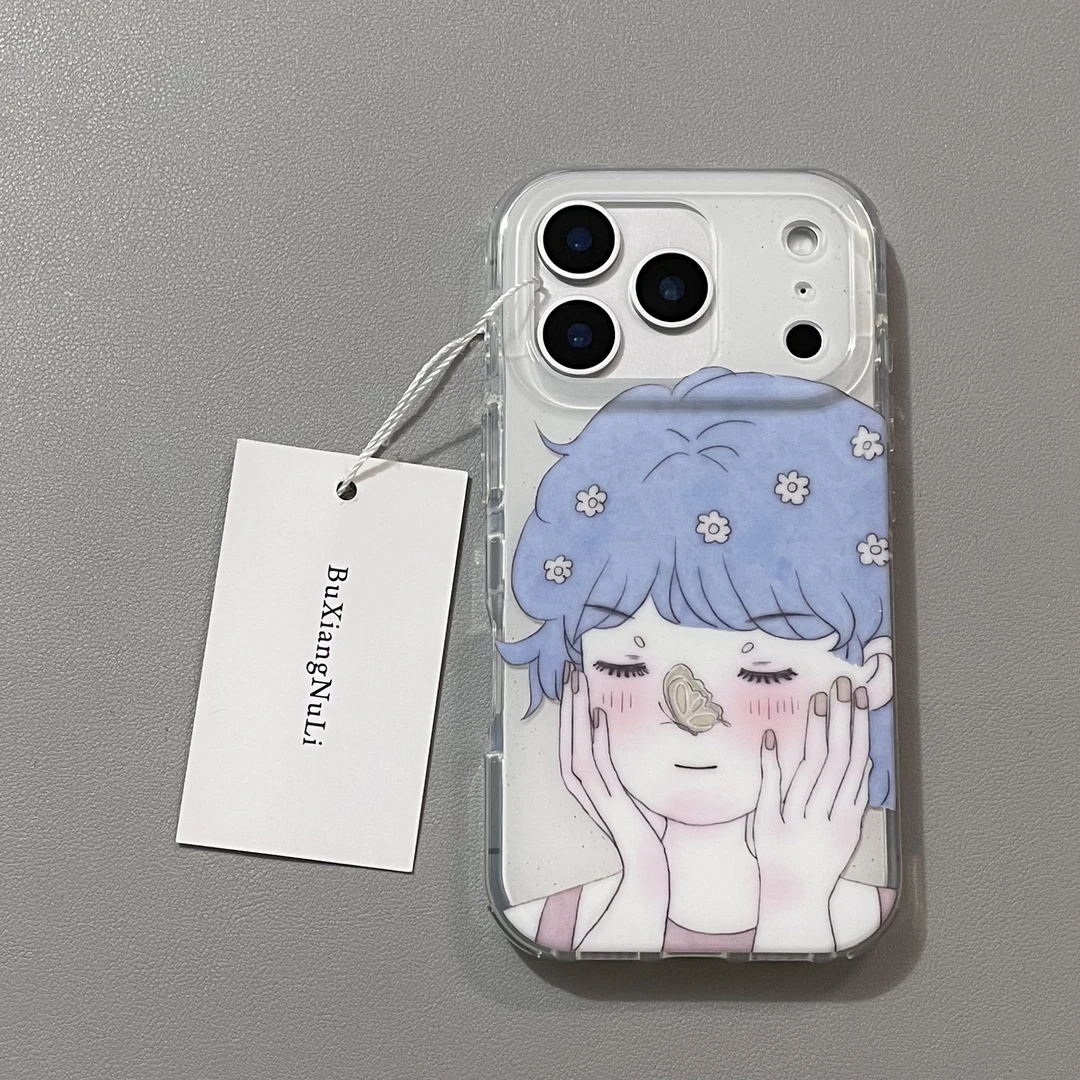 白底泼墨绘画花朵蓝发女孩适用苹果17pro手机壳iPhone16全包15/14