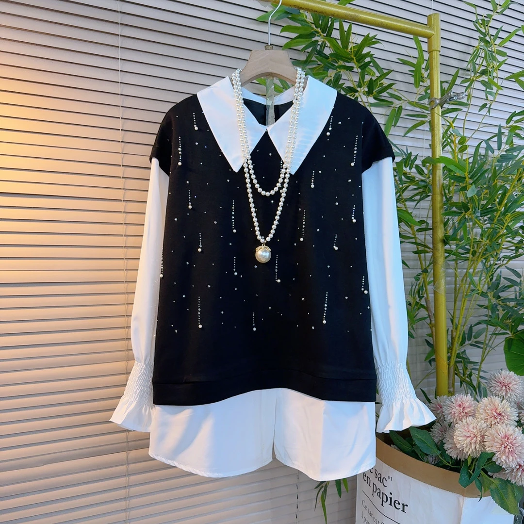 902胖mm欧货时尚韩系拼色半开翻领重工订珠宽松遮肉设计感百搭衫