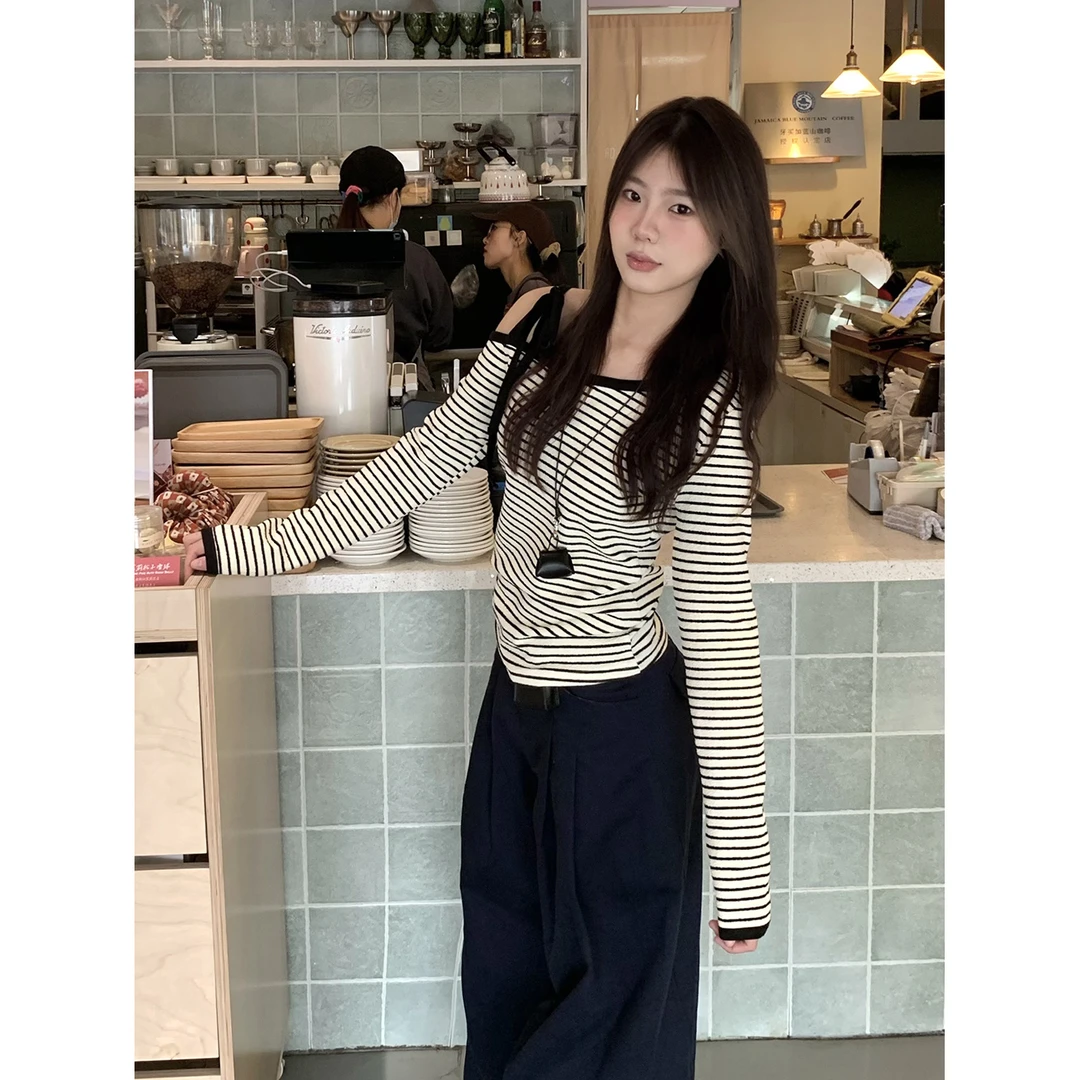 慵懒感撞色条纹一字肩长袖T恤女春小个子系带设计感显瘦外穿上衣