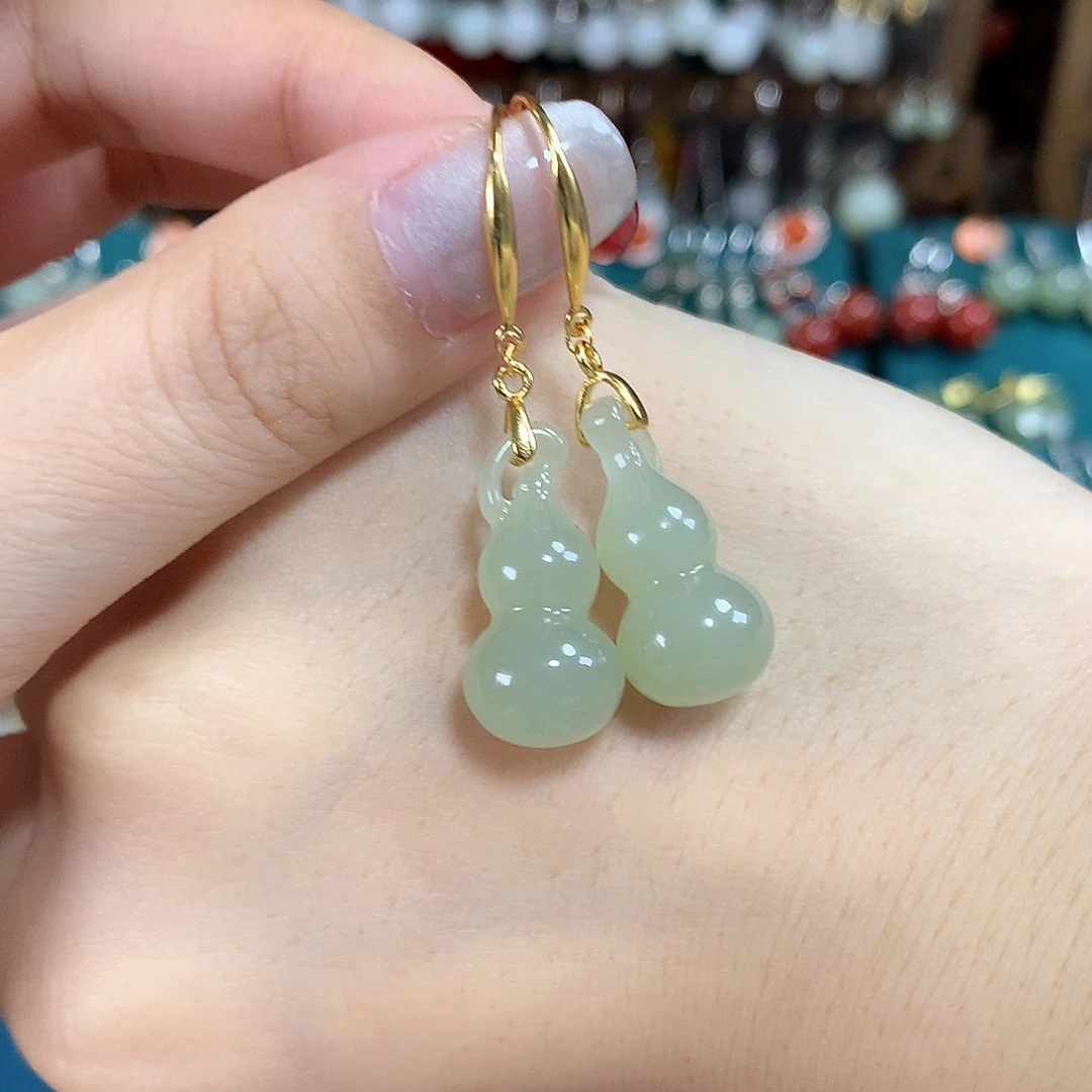 和田玉银S925镶嵌耳饰大号葫芦