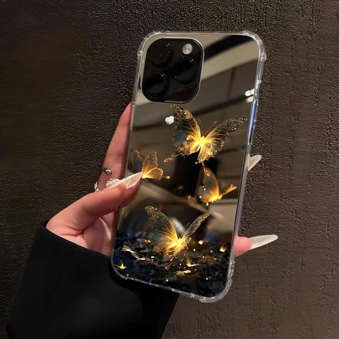 暗金蝴蝶吸金招财适用苹果16promax镜面手机壳15plus招财14高级13