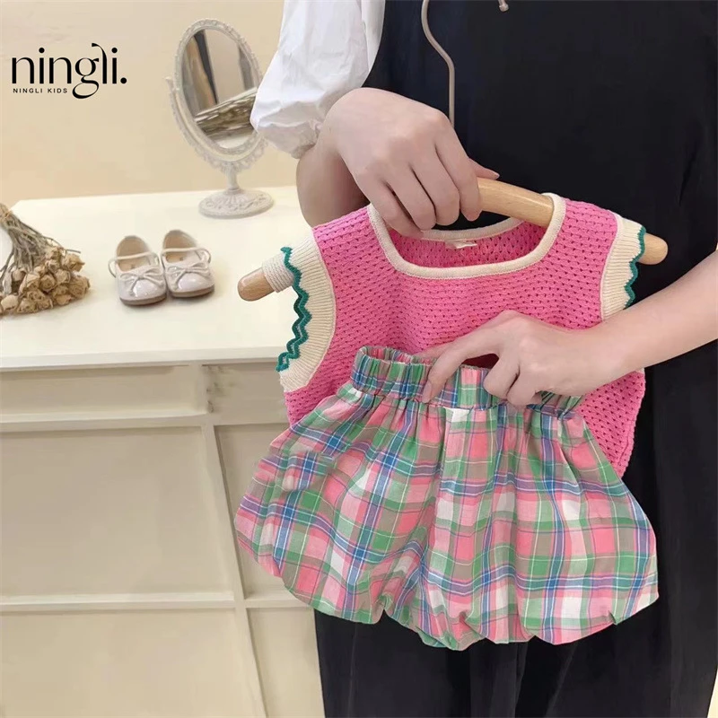 新款女童套装儿童夏季时髦洋气女宝宝粉色针织背心格纹花苞短裤潮