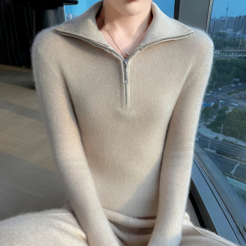 羊毛秋冬季套头款翻领V领半拉链针织衫修身显瘦百搭MX2531