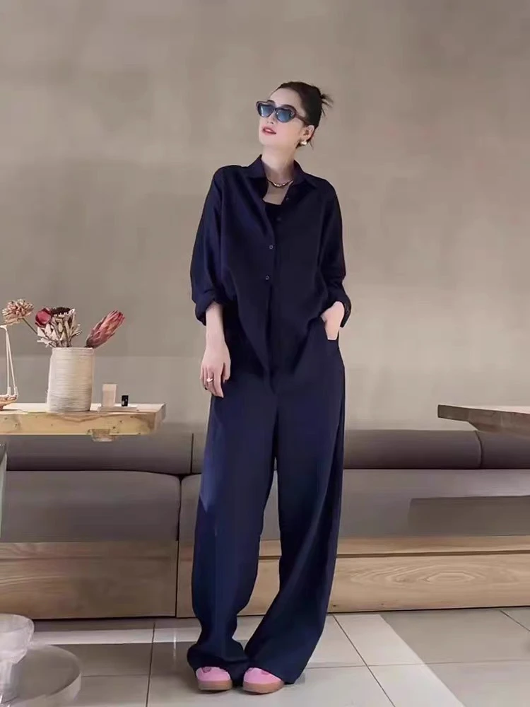 老钱风时尚套装女藏蓝色慵懒宽松衬衫➕阔腿裤显瘦减龄两件套