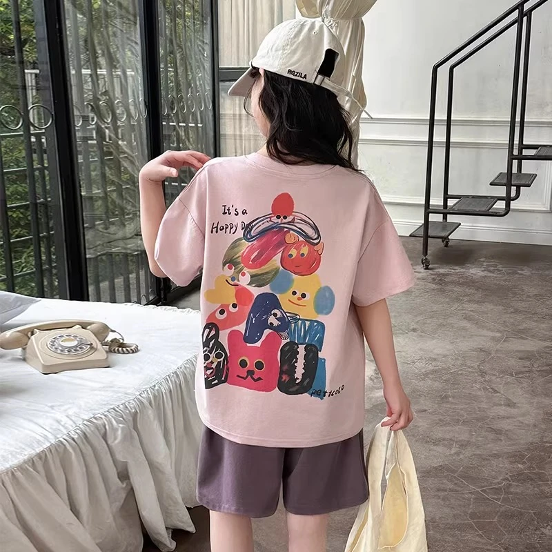 女大童夏装套装2025新款中大童女孩短袖T恤短裤两件套