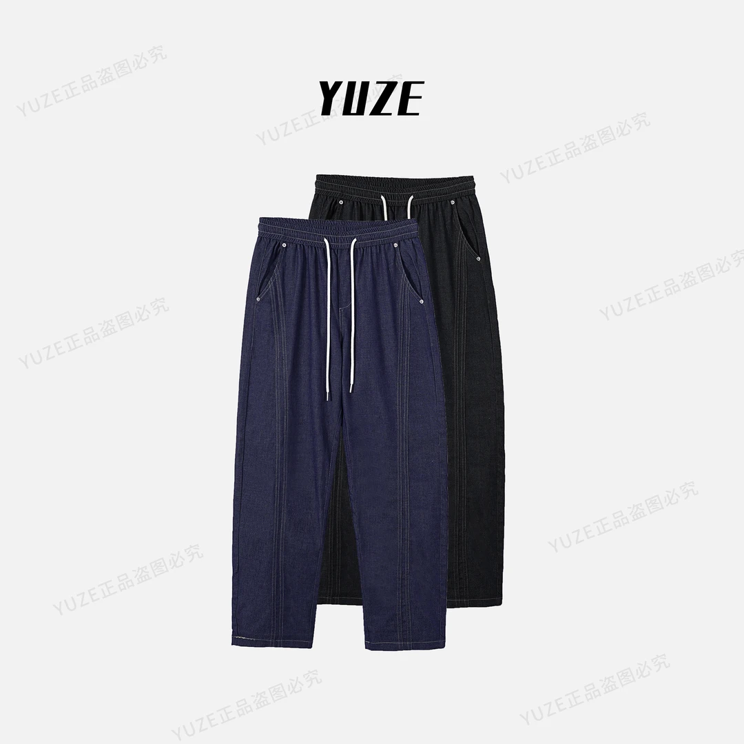 【YUZE】夏季新牛仔休闲户外运动潮流宽松百搭通勤抽绳直筒裤L2520